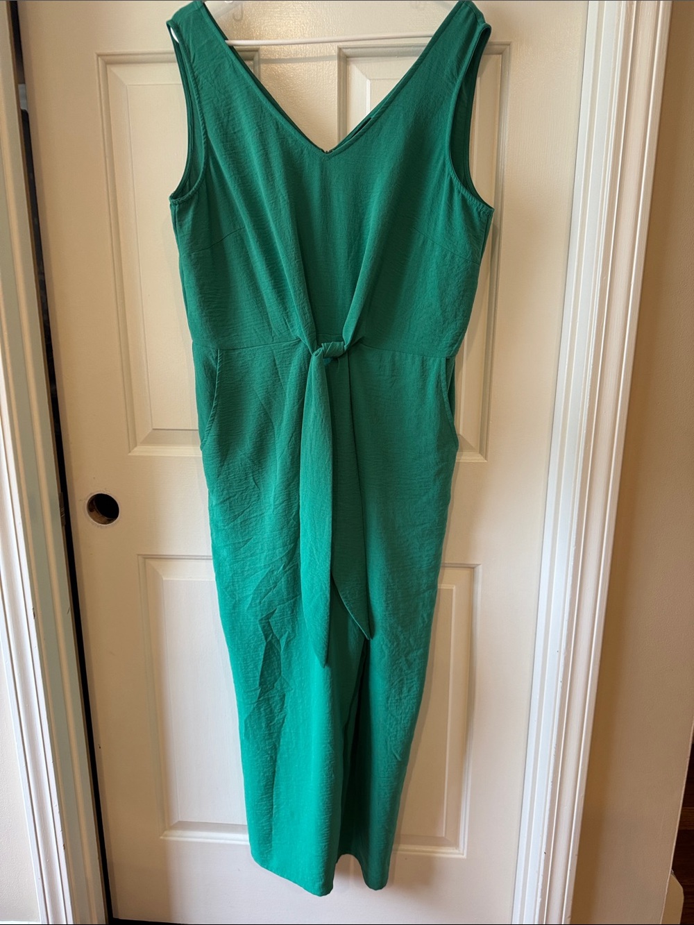 MSK Emerald Green Sleeveless V-Neck Jumpsuit with Tie Waist